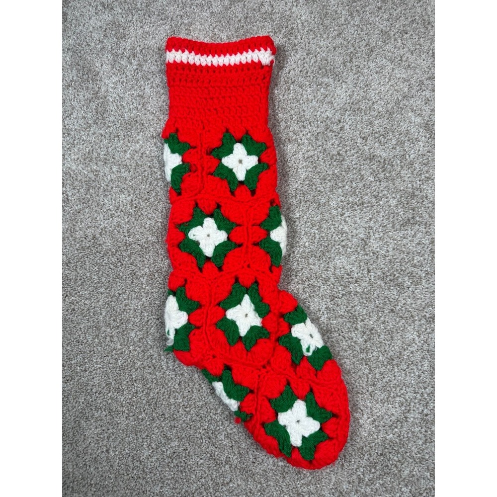 Vintage Granny Square Christmas Stocking Crocheted‎ Country White Red Green 18"